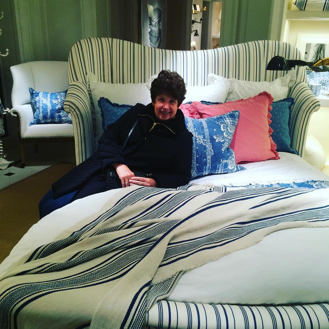 Big hair don't care. Love this bed SO much! #ralphlaurenflagshipnyc #blueandwhiteforever